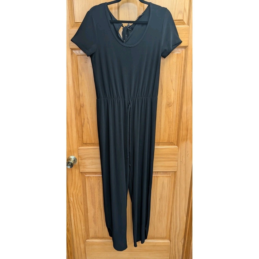 Nik and Nash Women's Medium Black Jumpsuit Elastic Waist Slits Leg Hem Tie Back
